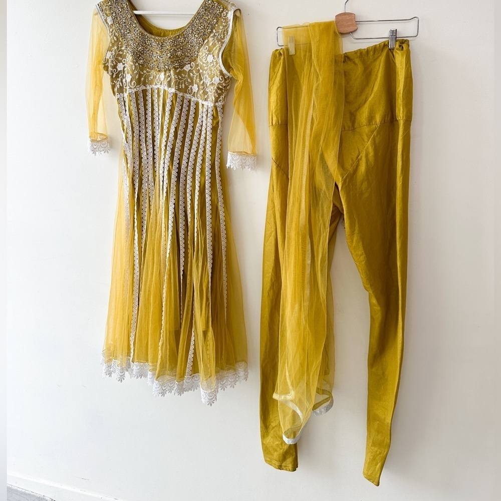 Salwar Suit - 3 piece Yellow - Beading & Lace-Adjustable Pant-See Measurement - Picture 3 of 10